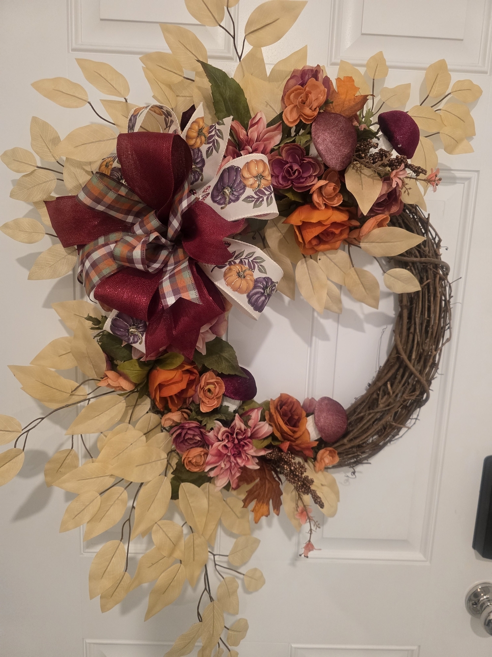 Autumn Floral Grapevine Wreath with Burgundy Bow